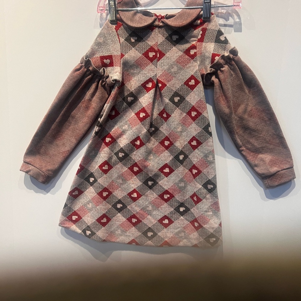 Charming Kids Dress with Heart Pattern - Red and Gray